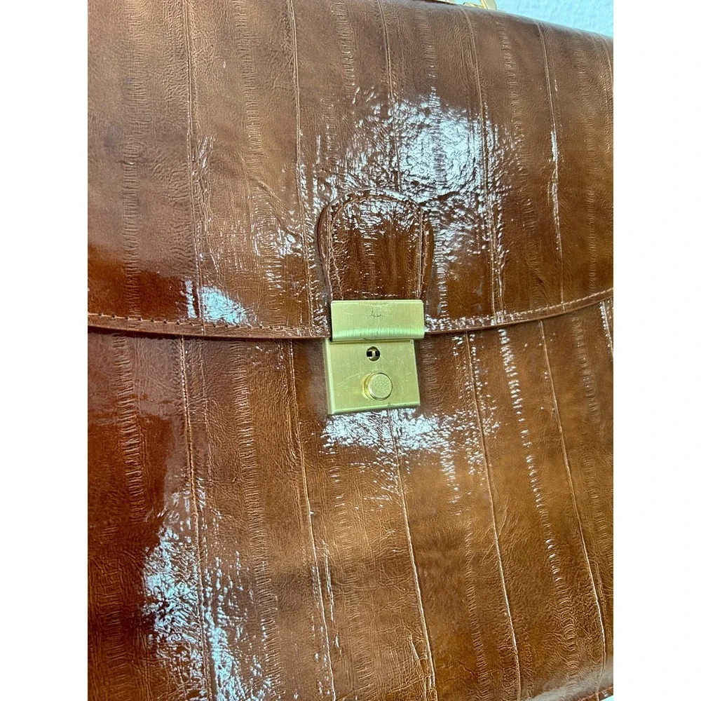 Vintage 80s Genuine Eel Skin Briefcase Brown Attache Bag Amiet Lock Korea VGUC